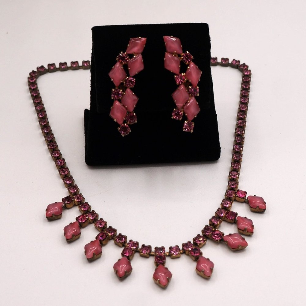 Vintage Mauve Pink Crystal Rhinestone Choker Necklace and Ear Climber Clip-ons